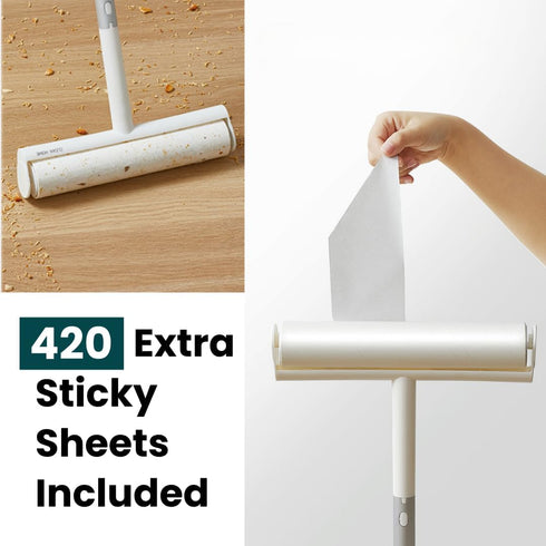 Large Lint Roller with Extra Sticky Roller and 420 Sheets 9.5" Wide, Floor Lint Roller Long Handle, Extendable to 41", Carpet, Couch, Pet Hair, Clothing Cleaning Supplies (White Roller + 7 Refills)