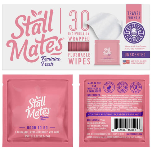 Stall Mates Feminine Fresh Wipes - Flushable, Individually Wrapped Cleansing Singles with Sunflower and Aloe (30 Count)