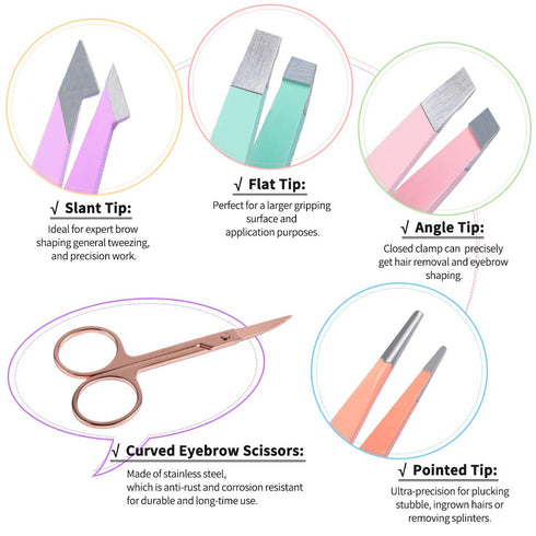 TsMADDTs 6 PCS Tweezers Set for Women, Eyebrow Tweezers with Curved Scissor for Ingrown Hair, Daily Beauty Tools with