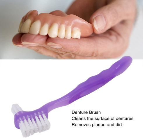 False Teeth Cleaning Brush, Portable Dual Head Denture Cleaning Toothbrush, Multi Layered Bristles for Care (Purple)