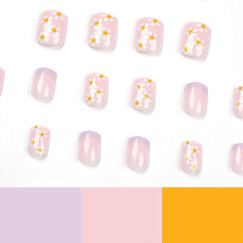 Square Press on Nails Short Cute Purple French Tip False Nails with White Flower Designs - 24 Pcs