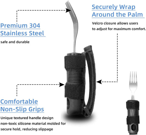 Set 3PCS Adaptive Utensil for Elderly Parkinsons Stroke Patients, Non-Slip Grip with Hand Strap for Hand Tremors