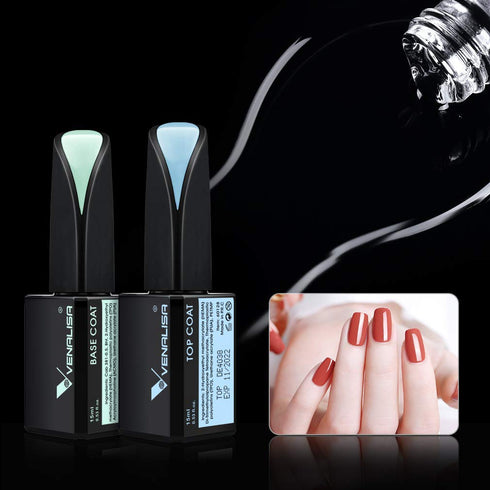 VENALISA 2 Pcs 15ml Gel Nail Polish Base and Top Coat Set, No Wipe High Gloss Long Lasting Tempered Polish Kit