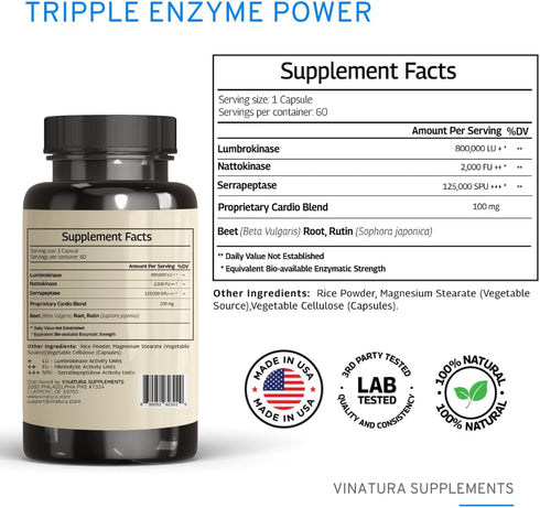 Lumbrokinase, Nattokinase 2000FU & Serrapeptase - USA Made & Tested, Circulation Supplements of Nattokinase Serrapeptase (Natto-Serra), Rutin, Beetroot, Lumbrokinase supplement