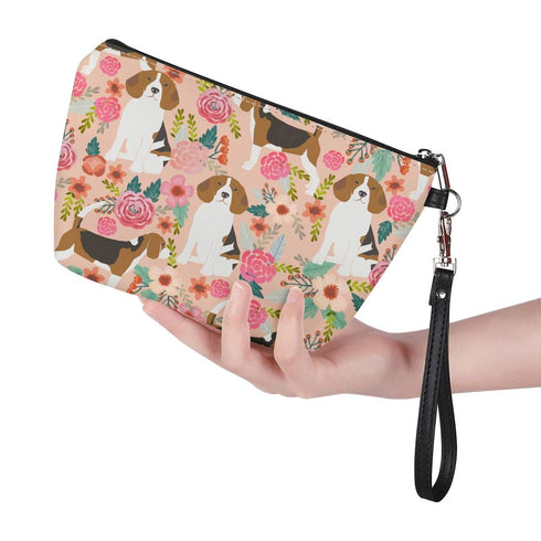 Mumeson Small Toiletry Cosmetic Handy Bag for Women, Pink Floral Beagles Zipper Closure Travel Pouch
