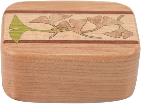 Large Cherry Wood Pill Box with Elegant Ginkgo Inlay - Handmade in the USA