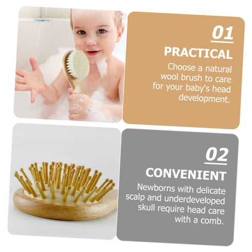 VANZACK Set Wool Baby Brush for Newborns Wooden Scalp Grooming Comb Soft Bristle Hair Brush for Infant Care