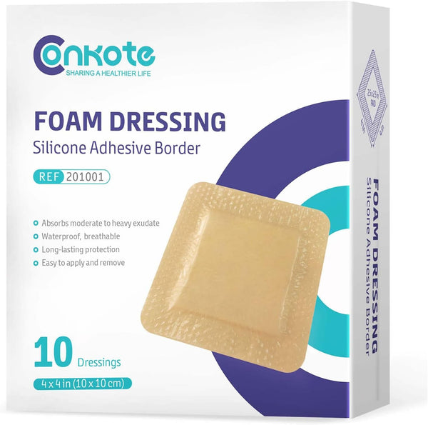 Conkote Silicone Adhesive Foam Dressings 4'' X 4'', Waterproof Bandages for Wound Care, Box of 10