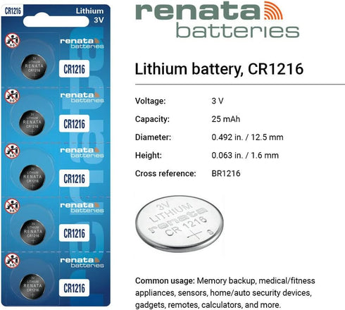 Renata CR1216 Batteries - 3V Lithium Coin Cell 1216 Battery (25 Count)