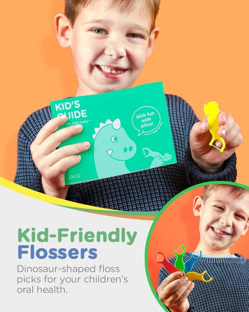 Unflavored Kids Floss - No Fluoride Dual Line Dental Floss Picks in Colorful Design, 300 Playground Dino & Travel Case