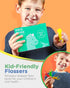 Unflavored Kids Floss - No Fluoride Dual Line Dental Floss Picks in Colorful Design, 300 Playground Dino & Travel Case