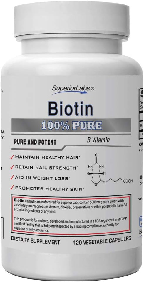 Superior Labs Natural Biotin Non-GMO Supplement for Hair, Nails, Skin, and Energy, 5000 mcg, 120 Vegetable Caps