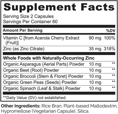 NATURELO Vegan Zinc Immune Support Capsules, Whole Food Complex with Vitamin C, 120 Capsules