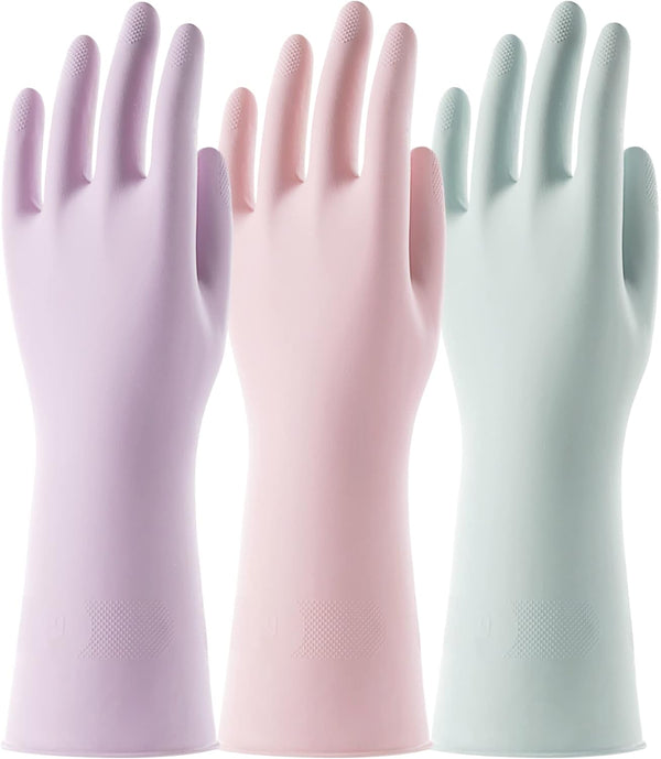 COOLJOB 3 Pairs Reusable Rubber Gloves for Dishwashing, Grippy Latex Cleaning Gloves with Cotton Liner