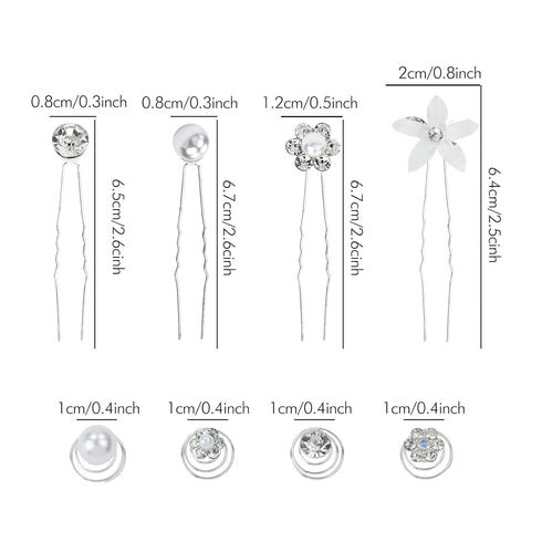 inSowni 128 Pack U-shaped Silver Pearl Flower Rhinestone Crystal Hair Pins + Spiral Twist Hair Clips for Brides, Women,