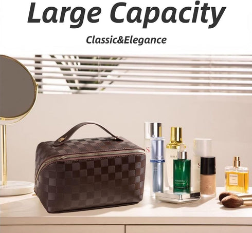 Large Capacity Checkered Makeup Bags, Portable Open-Flat Toiletry Waterproof Bag for Women with Divider and Handle
