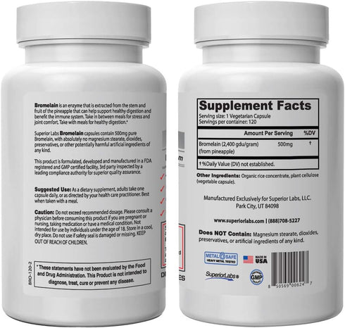 Superior Labs – Best Bromelain Non GMO Natural Supplement – Non-Synthetic – 2,400 gdu/Gram – Supports Healthy Digestion & Inflammatory Responses, Bruises, Immune – Extra Strength – 500 mg, 120 VCaps