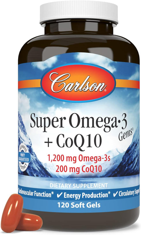 Carlson Super Omega-3 Gems + CoQ10 - 120 Softgels - 1200 mg Omega-3s, 200 mg CoQ10 - Circulation Function & Energy