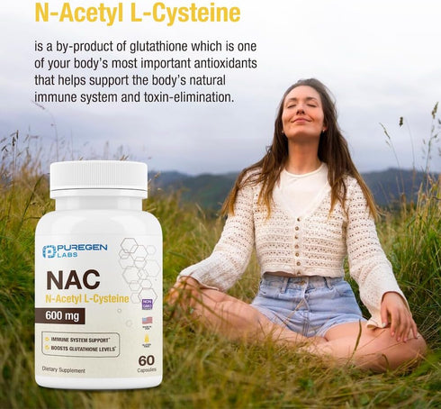 Puregen Labs N-Acetyl-L-Cysteine (NAC) 600mg, Immune and Respiratory Support, Antioxidant, 120 Veggie Capsules