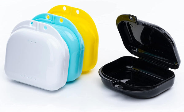 BOOMIBOO Retainer Case with Vent Holes, 4 Pcs Durable Denture Cases in Black, White, Yellow, and Blue