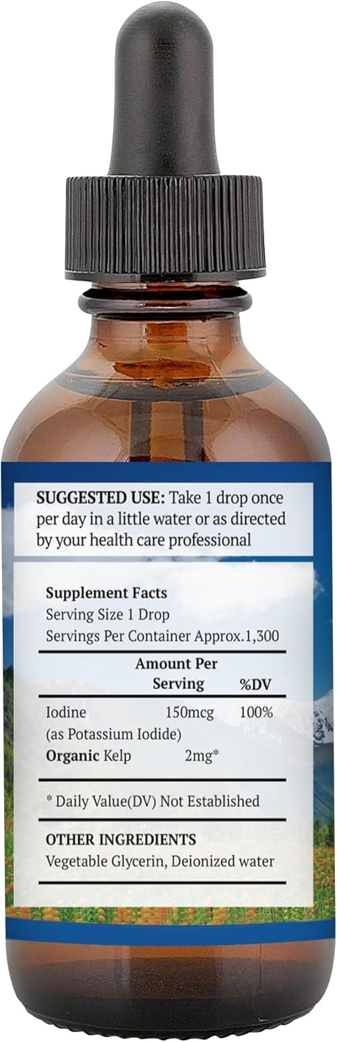 Liquid Iodine 0.3% Solution 2oz - Liquid Supplement with Organic Kelp, Kosher Vegan Iodide Drops Solution