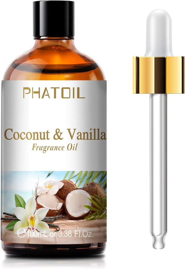 Coconut & Vanilla Fragrance Oils, 3.38 FL OZ, Essential Oils for Diffusers, DIY Candle and Soap Making, 100ml