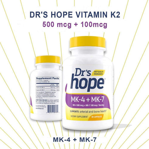 Vitamin K2-90 Capsules with 500 mcg MK4 + 100 mcg MK7 | Bone and General Health Support | High-Potency K-2 Vitamins
