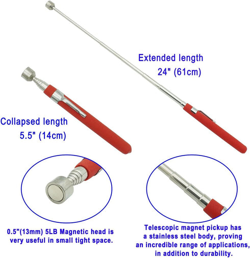 Telescopic Magnetic Pickup Tool, 5LB Magnet Stick, 24" Extendable Magnet with Pocket Clip