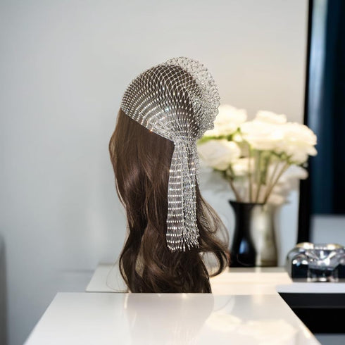 Rhinestone Head Scarf for Women - Bling Sparkle Hair Cap, Rave Turban Headband with Crystal Mesh Snood