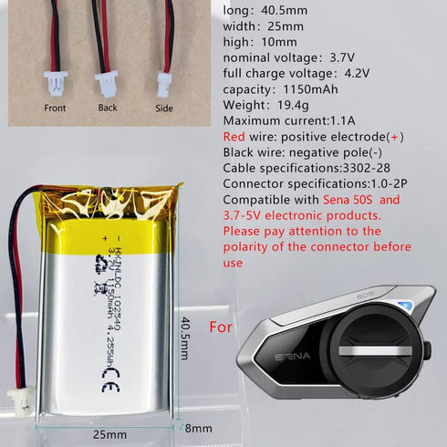 DC 3.7v 1150mAh 102540 Rechargeable Polymer Lithium Battery for Sena 50S Motorcycles Bluetooth Headset Intercom Battery Replacement DIY 3.7-5V electronic product