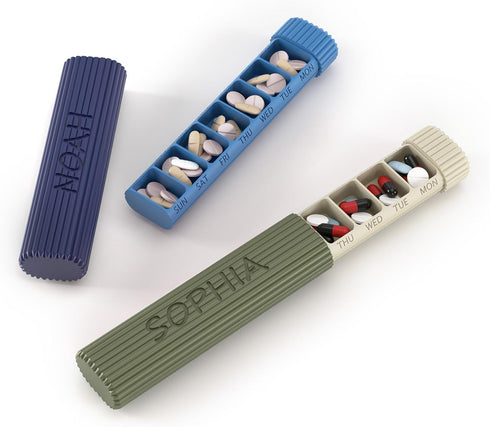LUJU STUDIO 7-Day Personalized Weekly Pill Organizer, Custom Name Travel Vitamin Case & Aesthetic Medicine Dispenser