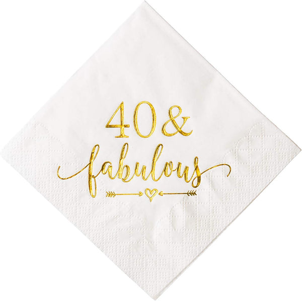 Crisky 40 and Fabulous Cocktail Napkins Gold for Women, 40th Birthday Decorations, 50Pcs, 3-Ply Supplies