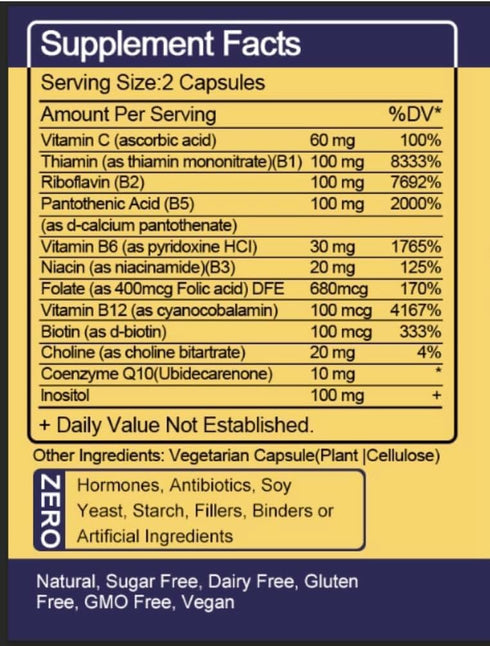 Max Strength Vitamin B-Complex + CoQ10 + Vitamin C - Supplement for Energy, Metabolism Support, 120 Softgels, 60 Day Supply