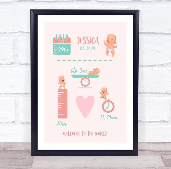 The Card Zoo New Baby Birth Details Christening Nursery Cute Girl Keepsake Gift Print