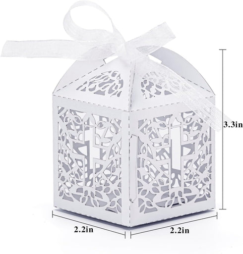 50PCS Baptism Favor Boxes, 2.2''x2.2'' Laser Cut with 50 Ribbons for Baby Shower & First Communion Party