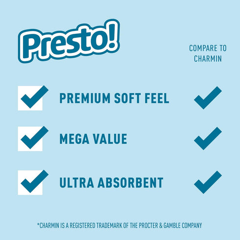 Amazon Brand - Presto! 2-Ply Ultra-Soft Toilet Paper, 6 Family Mega Rolls = 30 Regular Rolls, Unscented, White, 1878