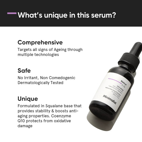 Minimalist 0.3% Retinol Serum with Bakuchiol Oil for Anti-Aging - Night Face Serum with Squalane and Coenzyme Q10