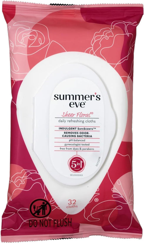 Summer's |32 Count Pack 4 Eve Cleansing Cloths | Sheer Floral | of | pH-Balanced, Dermatologist & Gynecologist Tested