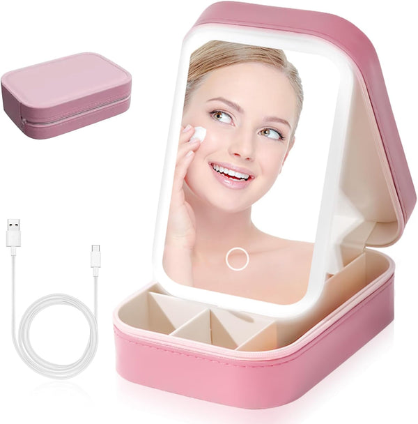 Travel Makeup Bag with LED Light Up Mirror, Waterproof Cosmetic Bag Train Case, Portable Makeup Box for Women Girls