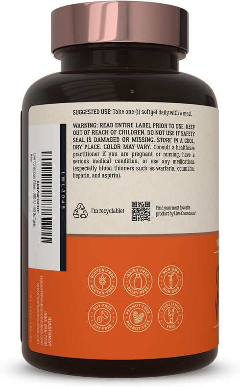 Live Conscious Vitamin K2 MK7 with D3 Supplement - 5000 IU Vitamin D3 & Patented Vitamin K - 60 Softgels for Bone &