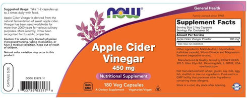 NOW Foods Apple Cider Vinegar Supplements, 450 mg, 180 Veg Capsules