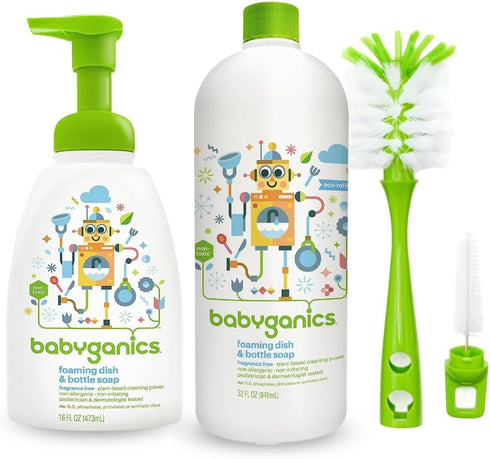 LuxProdX Babyganics Dish Dazzler Foaming Dish and Bottle Soap, 16 Ounce with Refill Kit & Two Bottle Brushes BONUS