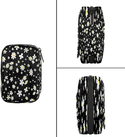 Skerhhux 7 Flower Chrysanthemum Black Pill Case Travel Pill Organizer Weekly Day Portable with Zipper Medicine Box Pill
