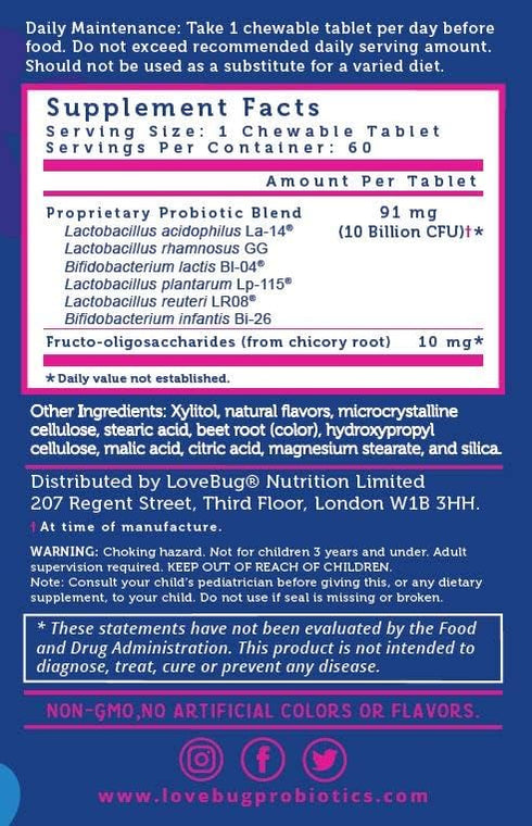 lovebug PROBIOTICS for Kids - Probiotic Chewables with Prebiotic Fiber for Age 4+, 60 ct Sugar-Free Berry Flavor