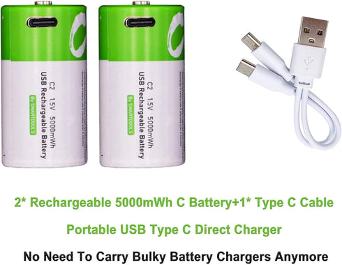C Batteries- 2 Pack Rechargeable C Batteries,5000mWh Lithium ion C Size Battery 1.5V with 2 in 1 USB A to Type C Charger,Portable USB Rechargeable C Cell Batteries