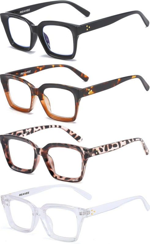 REAVEE 4 Pack Oprah Style Oversized Reading Glasses, Blue Light Blocking, Retro Stylish Square Readers 1.5x