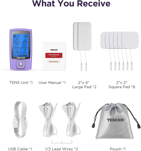 TENKER TENS Unit Muscle Stimulator, Rechargeable Electronic Pulse Massager with 24 Modes, 2"x2" and 2"x4" Electrode Pads