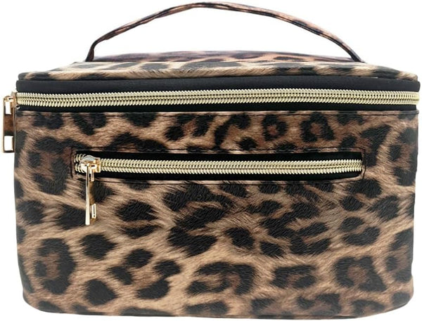 FITINI Portable Makeup Bag, Large Travel Cosmetic Organizer, PU Leather Toiletry Bag with Handle and Zipper (Brown