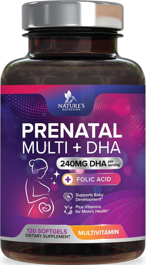 Women's Prenatal Multivitamin with Folic Acid + DHA, 120 Softgels - Prenatal Vitamin Supplement for Fetal Support