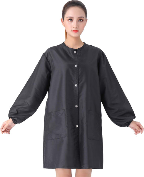 KAHOT Professional Barber Smock Stylist Jacket Cosmetology Uniform Hairdressing Cape Workwear Coveralls (Black, XL)